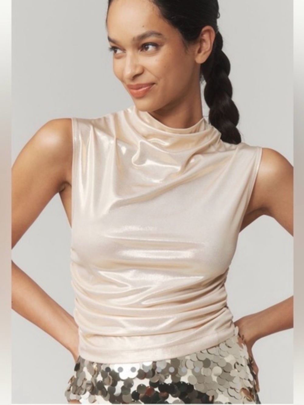 NWT Anthropologie Maeve Mock-Neck Ruched Shine Tank Light Sand MP